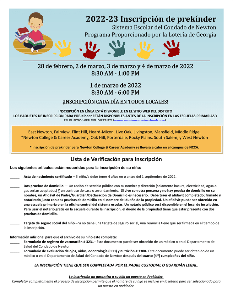 PreK Registration 20222023 West Newton Elementary School